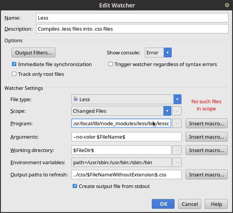 Настройки less watcher в phpstorm